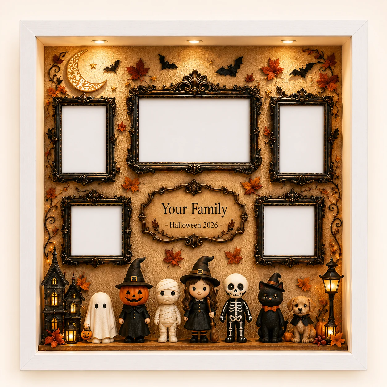 Shadow box interior lit by warm built-in LED lighting