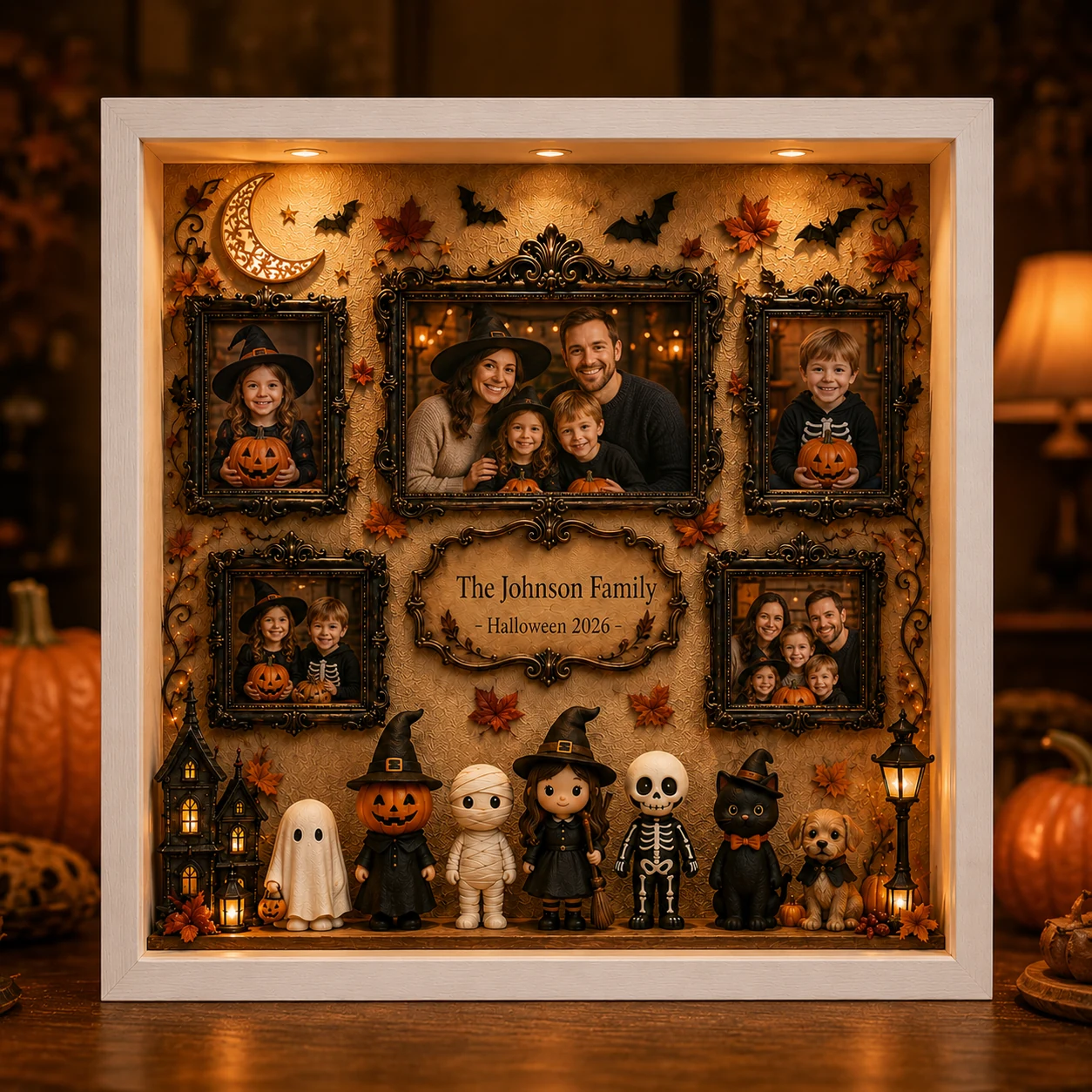 Halloween family shadow box filled with example family photos