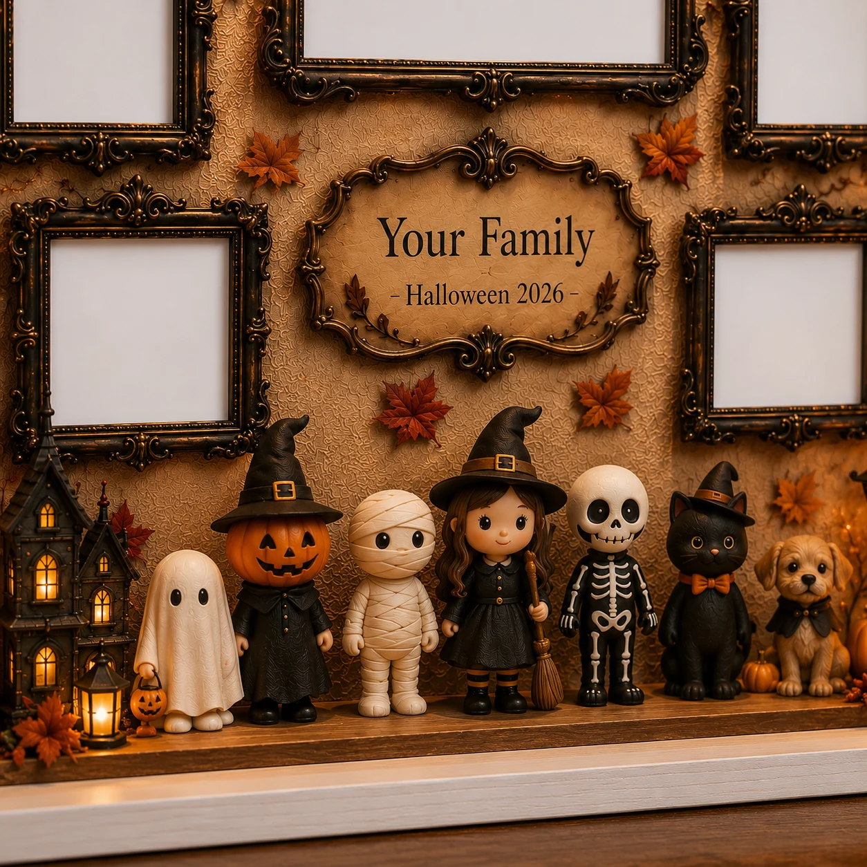 Close-up of the engraved family name plaque and Halloween figurines