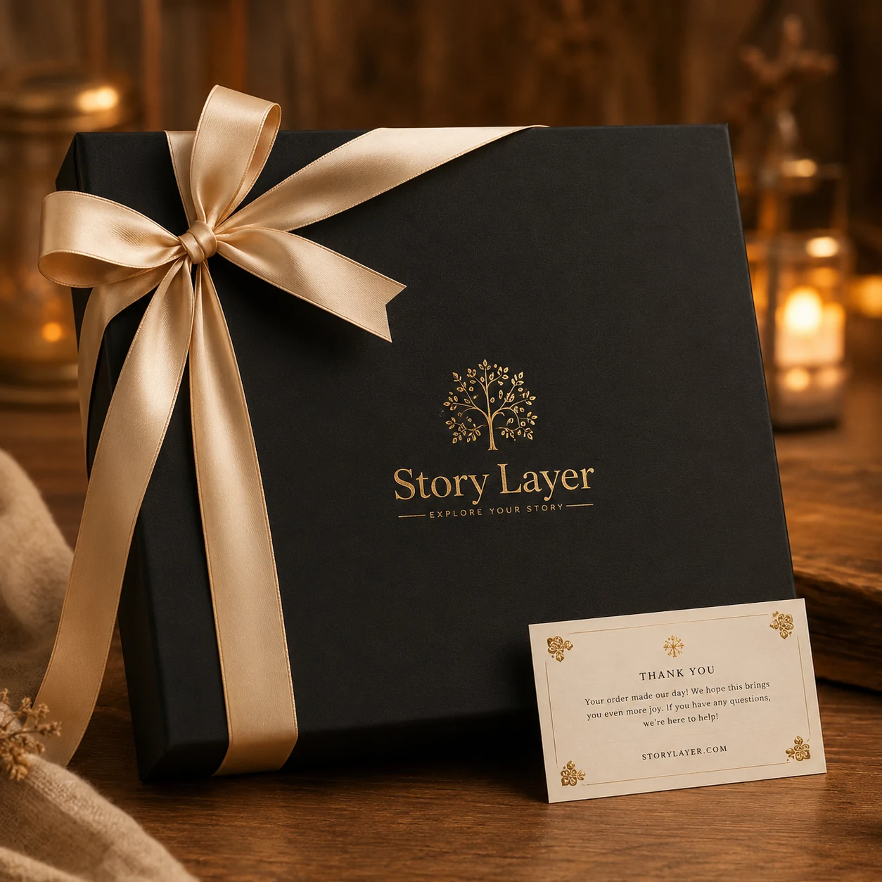 Story Layer gift box packaging with ribbon and thank-you card